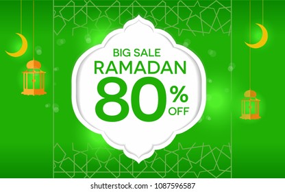 Ramadan Kareem design banner with text label of big sale promotion offers and greeting card background template, patterns, and ads sale promotion, flyer, brochure, poster, green, vector illustration