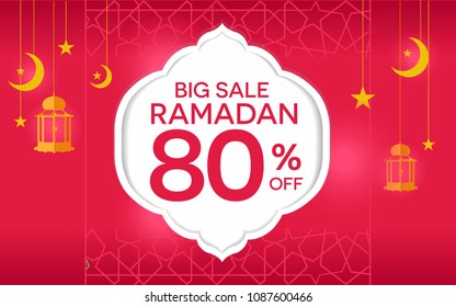 Ramadan Kareem design banner with text label of big sale promotion offers and greeting card background template, patterns, and ads sale promotion, flyer, brochure, poster, red, pink vector