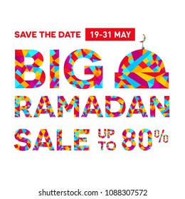 Ramadan Kareem design banner with text label of big sale promotion offers and greeting card background template, patterns, and ads sale promotion, flyer, brochure, poster, colorful, vector illustratio