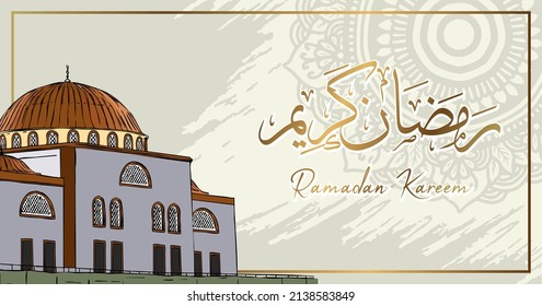 Ramadan Kareem Design with Classic 3D Mosque Sketch, Desert Shades. Holly Ramadan Template