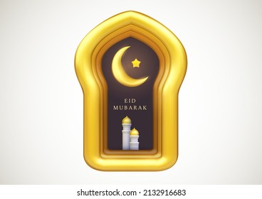 Ramadan kareem design composition with gold arabic window mosque tower and crescent. Cartoon 3d realistic traditional islamic holiday concept. Template for banner, card, cover. Vector illustration.