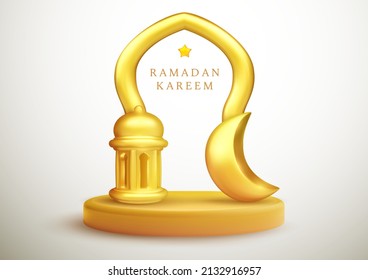 Composición de diseño de kareem de Ramadán con linterna de ventana árabe dorada y luna en el podio. Caricatura 3d concepto tradicional realista de vacaciones islámicas. Plantilla para banner, tarjeta, portada. Ilustración vectorial.