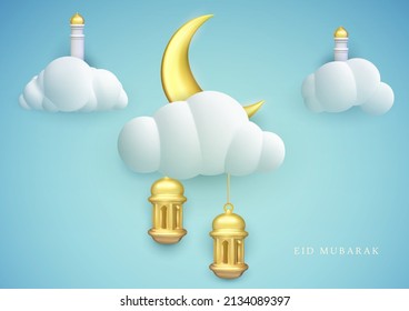 Composición de diseño de kareem de Ramadán con media luna dorada, linterna y mezquita en el cielo. Caricatura 3d concepto tradicional realista de vacaciones islámicas. Plantilla para banner, tarjeta, portada. Ilustración vectorial.