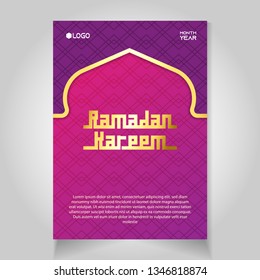Ramadan kareem design concept with arabic style font and middle east pattern. islamic celebration poster template on purple background with golden line color. vector illustration.