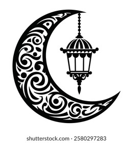 Ramadan Kareem design with a crescent moon and hanging lanterns. Elegant Islamic decoration for festive greetings. Flat vector illustration isolated on white.