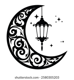 Ramadan Kareem design with a crescent moon and hanging lanterns. Elegant Islamic decoration for festive greetings. Flat vector illustration isolated on white.