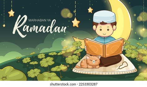 Ramadan Kareem Design with Cute Boy Reading Holy Koran with Cute Cat Beside Him Vector Illustration