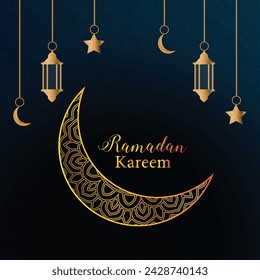 Ramadan kareem design with decorative lantern and islamic floral decoration. Ramadan Mubarak background. Ramadan Mubarak greeting card design with vector illustration. Half-moon vector illustration. 