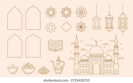 Coleção de elementos de design Ramadan Kareem em estilo Art Deco. Icones lineares islâmicos modernos conjunto. linha mínima de estilo ilustração