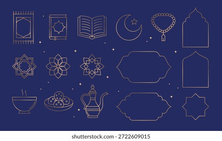 Ramadan Kareem design elements collection in Art Deco style. Modern Islamic linear icons set.