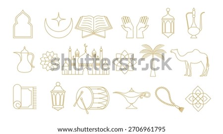 Ramadan Kareem design elements collection in Art Deco style. Modern Islamic linear icons set. Line art vector illustration.