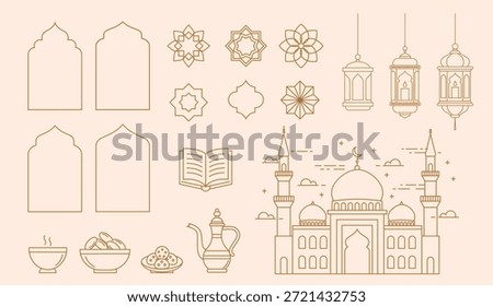Ramadan Kareem design elements collection in Art Deco style. Modern Islamic linear icons set. line minimal style illustration