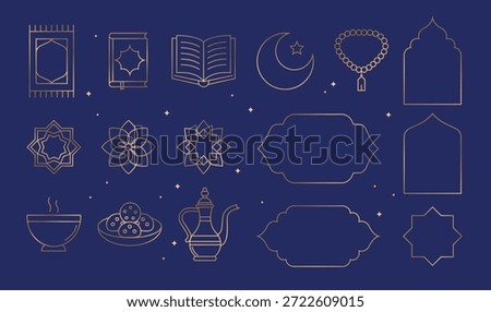Ramadan Kareem design elements collection in Art Deco style. Modern Islamic linear icons set.