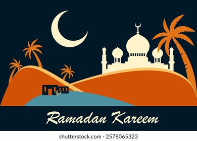 Ramadan Kareem Design Featuring Mosque, Crescent Moon, and Palm Trees