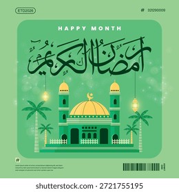 Diseño Ramadan Kareem con una mezquita, caligrafía y un estilo colorido. Con Imágenes de una mezquita, la luna, cúpulas y faroles.