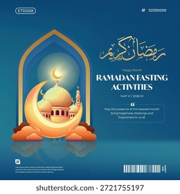 Diseño Ramadan Kareem con una mezquita, caligrafía y un estilo colorido. Con Imágenes de una mezquita, la luna, cúpulas y faroles.