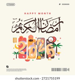 Diseño Ramadan Kareem con una mezquita, caligrafía y un estilo colorido. Con Imágenes de una mezquita, la luna, cúpulas y faroles.