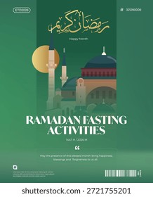 Diseño Ramadan Kareem con una mezquita, caligrafía y un estilo colorido. Con Imágenes de una mezquita, la luna, cúpulas y faroles.