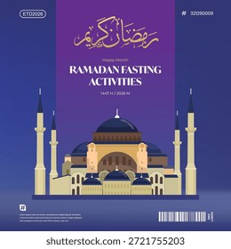 Diseño Ramadan Kareem con una mezquita, caligrafía y un estilo colorido. Con Imágenes de una mezquita, la luna, cúpulas y faroles.