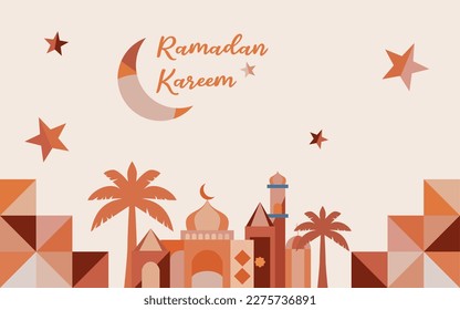 RAMADAN KAREEM DESIGN IN GEOMETRIC STYLE WITH PASTEL COLOUR. SUITABLE FOR BACKGROUND, POSTER, BANNER, STICKER, GRETING CARD, ETC