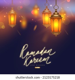 Ramadan Kareem design. Ramadan greeting card with golden islamic lantern. Ramadan fanoos. Vector illustration.