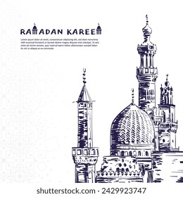 Ramadan Kareem Design. Handzeichnung Skizze Illustration der Moschee. Grußkarte oder Banner für den muslimischen Ramadan.	