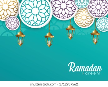 Ramadan Kareem design, hanging lamp and ornament islamic concept creative design celebration of ramadan or eid al fitr adha, hajj, hijri, mawlid, muharram. copy space text, vector illustration.