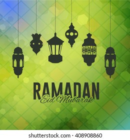 Ramadan Kareem Design, Hanging Lantern and Lamps - Arabic "Eid Mubarak", "be Blessed" English