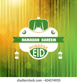 Ramadan Kareem Design, Hanging Lantern and Lamps - Arabic "Eid Mubarak", "be Blessed" English