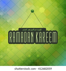Ramadan Kareem Design, Hanging Text - Arabic "Eid Mubarak", "be Blessed" English
