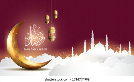 Diseño de Ramadan Kareem. Ilustración de Ramadán con luna de oro y linterna en cielo rojo para la celebración del mes sagrado de Ramadán. Caligrafía significa Ramadán Mubarak