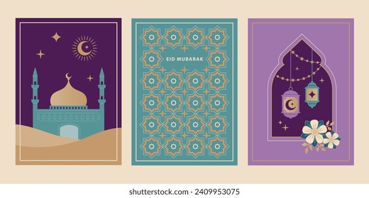 Diseño de Ramadan Kareem, tarjeta de saludo de fondo de estilo de arte islámico. Símbolos de Ramadan Mubarak, linternas colgantes, lámparas árabes, estrellas, luna creciente, vector de arte e ilustración sstkEIDMUBARAK