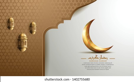 Ramadan Kareem design with lantern, crescent moon and calligraphy golden color for greeting card, invitation card and Ramadan celebration