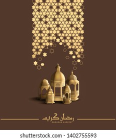 Ramadan Kareem design with lanterns and calligraphy golden color for greeting card, invitation card and Ramadan celebration