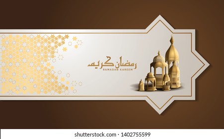 Ramadan Kareem design with lanterns and calligraphy golden color for greeting card, invitation card and Ramadan celebration