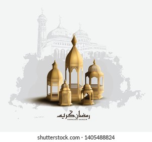 Ramadan Kareem design with lanterns, calligraphy and mosque for greeting card, invitation card, poster, banner, flyer and Ramadan celebration event