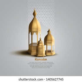 Ramadan Kareem design with lanterns, calligraphy and mosque for greeting card, invitation card, poster, banner, flyer and Ramadan celebration event