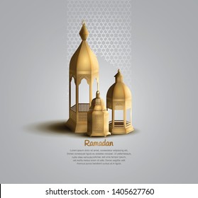Ramadan Kareem design with lanterns, calligraphy and mosque for greeting card, invitation card, poster, banner, flyer and Ramadan celebration event
