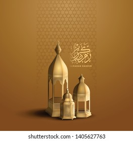 Ramadan Kareem design with lanterns, calligraphy and mosque for greeting card, invitation card, poster, banner, flyer and Ramadan celebration event