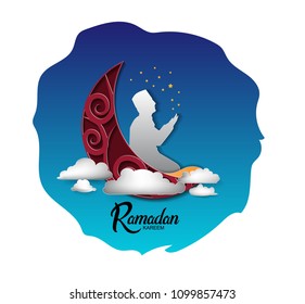 Ramadan Kareem design with man pray and moon. vector design for ramadan greeting card, poster, and invitation