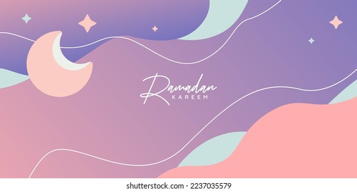 El Ramadan Kareem presenta un diseño de arte moderno en tonos pastel. Plantilla de arte abstracto con dunas de arena, luna y estrellas contra el cielo. Afiche, portada, tarjeta, banner para sitio web o medios sociales