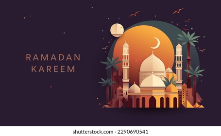 Ramadan Kareem design with mosque dome, palm trees and moon, flat design, vector illustration