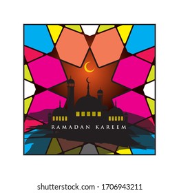 Ramadan Kareem Design : Mosque flat style on islamic/arabic pattern background