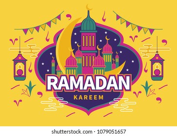 Ramadan Kareem design with  mosque and moon, flat illustration style.