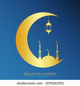 Ramadan Kareem design for Muslim feast of the holy month. Ramadan greeting card with gold mosque and half a month. Vector illustration.