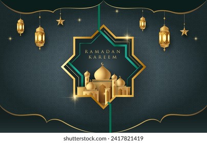 Ramadan Kareem design on dark grey Islamic background with gold ornament star, moon, mosque and lanterns. Suitable for raya and ramadan template concept.
