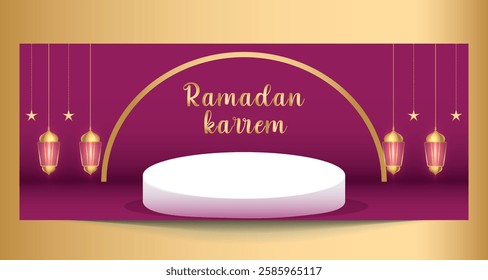 Ramadan Kareem design on gold Islamic background with gold ornament star, moon, lanterns and podium. Suitable for Ramadan template concept.