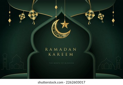 Ramadan Kareem design on green Islamic background with gold ornament star, moon and ketupats. Suitable for raya and ramadan template concept.