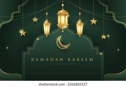 Ramadan Kareem design on green Islamic background with gold ornament star, moon, lanterns. Suitable for raya and ramadan template concept.