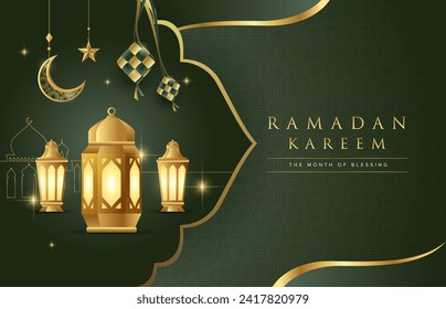 Diseño de Ramadan Kareem sobre fondo islámico verde con estrella adorno dorado, luna, mezquita, ketupat y linternas. Adecuado para el concepto de plantilla raya y ramadan.